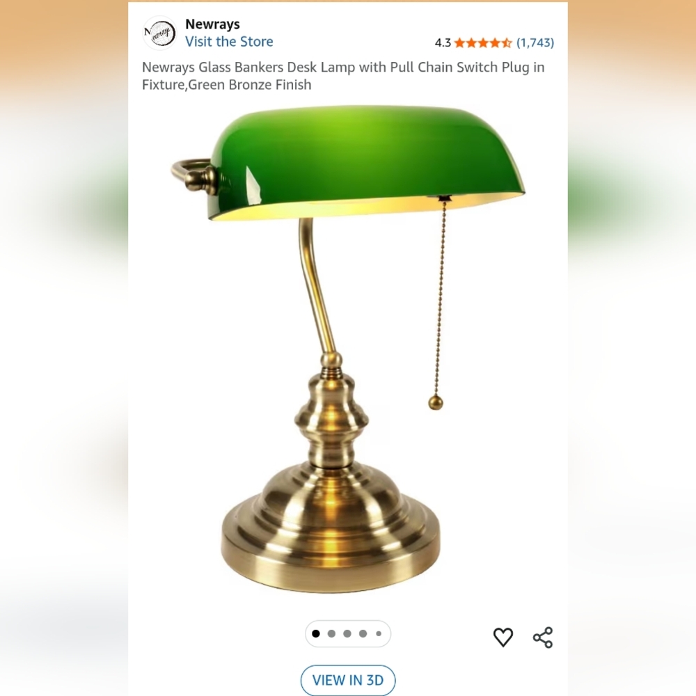 New In Box Bankers Desk Lamp. Brass With Green Glass Shade.